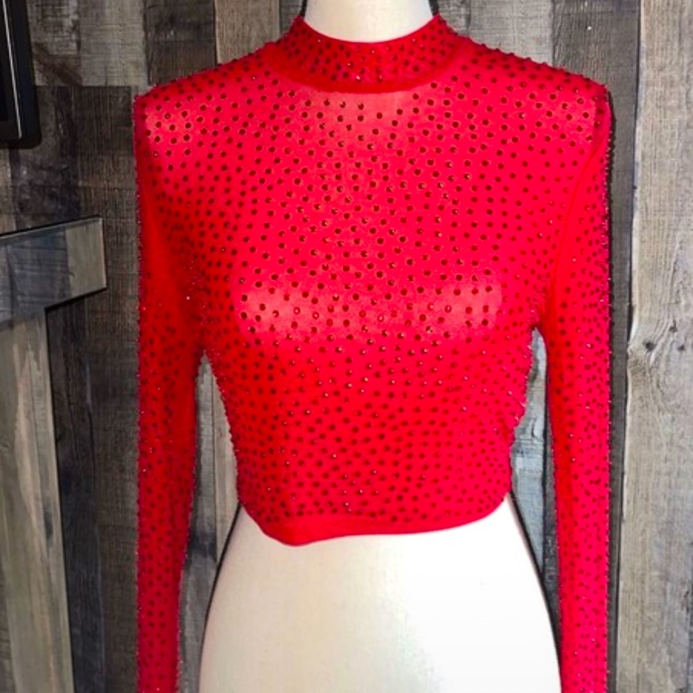 Studded red mesh top